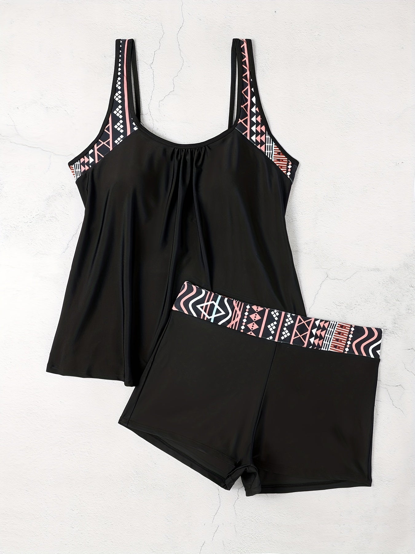 Plus Size Women's Geometric Panel Tankini Set with Shorts for Beach and Pool