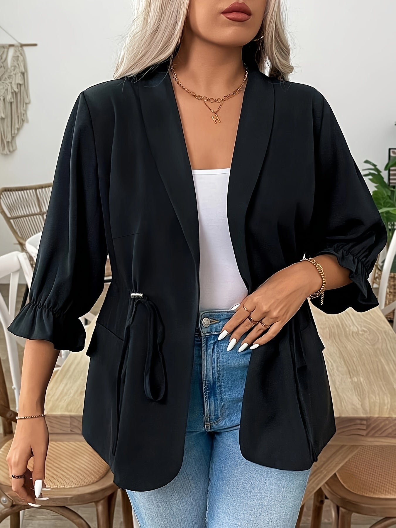 Women's Plus Size Slim Fit Blazer with Pockets Black All-Season Outerwear