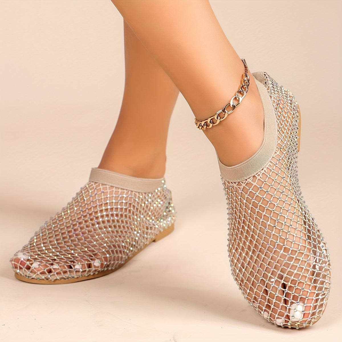 Women's Rhinestone Flat Sandals Summer Hollow Out Slip On Shoes