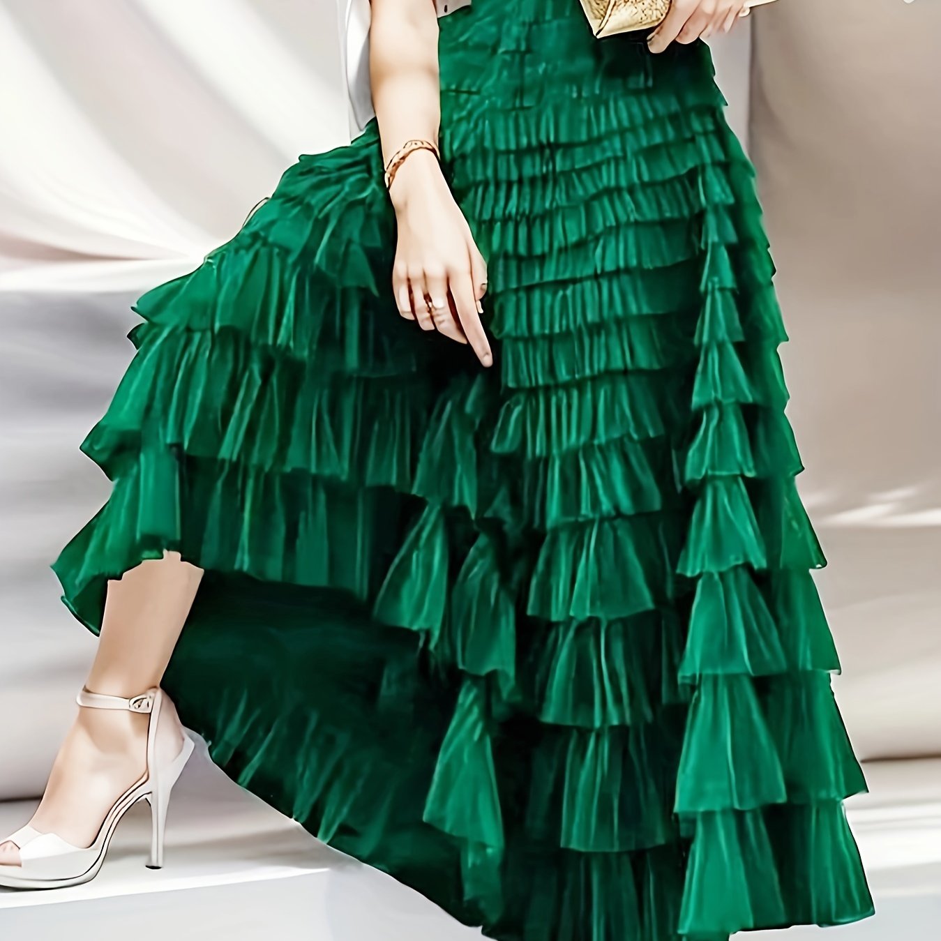 Plus Size Emerald Green Tiered Ruffled Skirt with Sheer Mesh Overlay