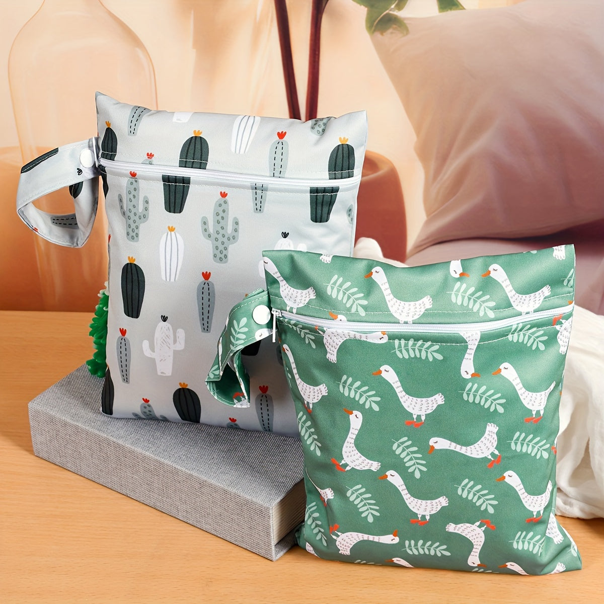 Set of 2 Waterproof Reusable Diaper Bags for Mothers with Zipper Closure