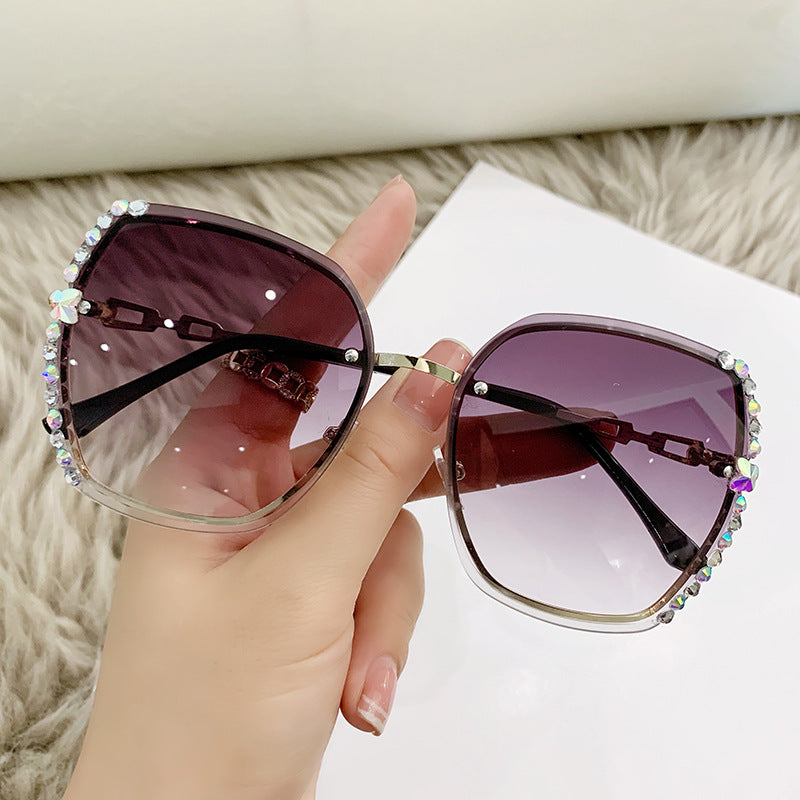 Women's Rimless Rhinestone Decor Gradient Glasses for Summer Beach Party