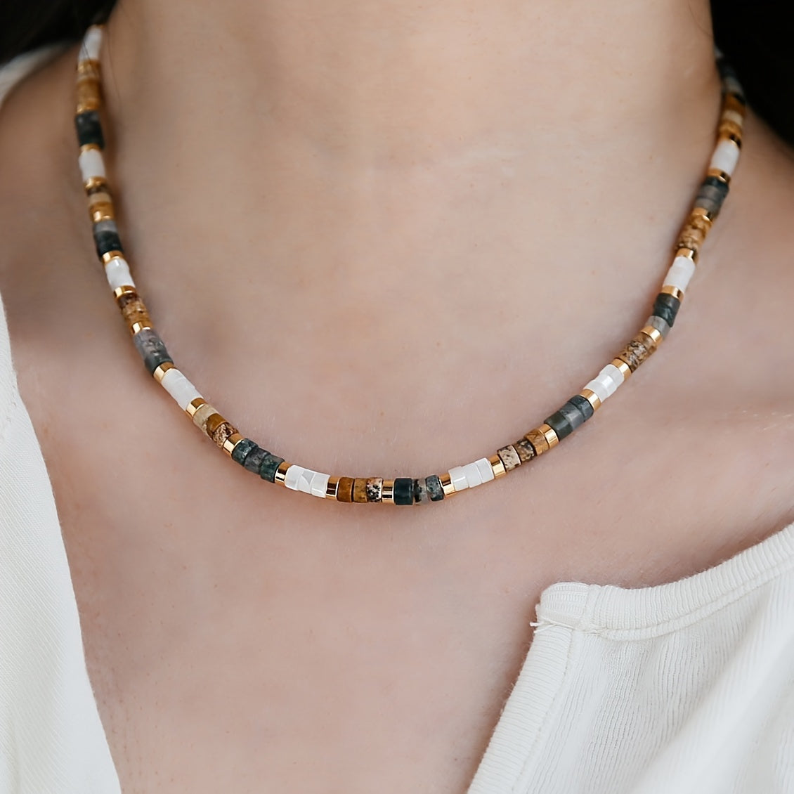 Ayollar uchun tabiiy tosh marjonlari bilan zamonaviy vintage boho-chic marjon - partiyalar va sovg'alar uchun ideal, jonli va nozik yaka marjoni