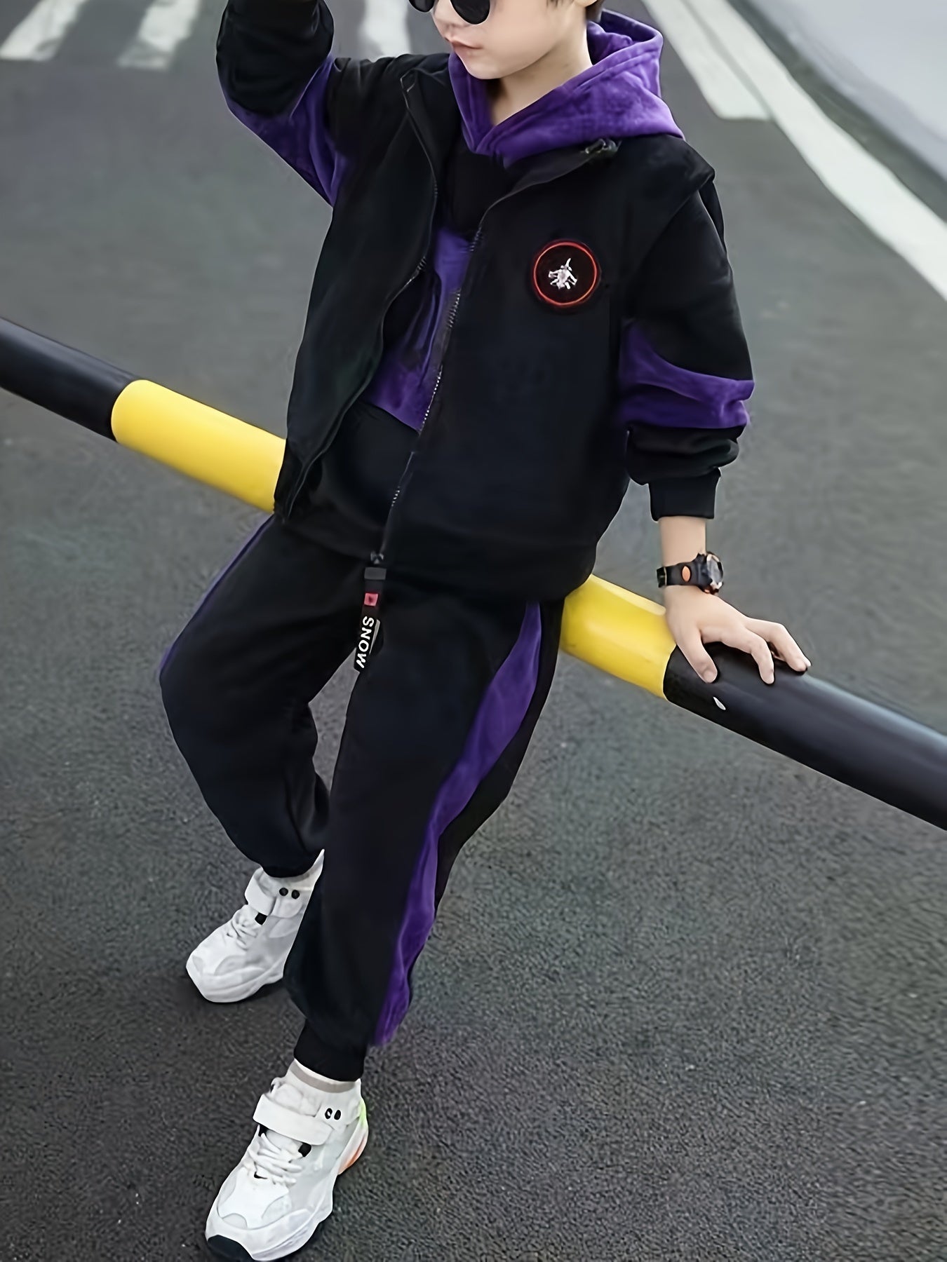 Boys Winter Three-Piece Set Hoodie Vest Pants Casual Sporty Warm Velvet for Medium to Large Children