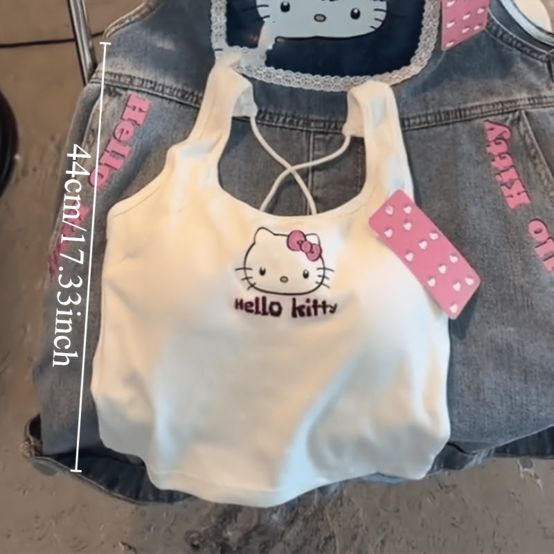 Anime-Themed Cotton Sleeveless Cropped Top for Women White with Pink Hello Kitty Design