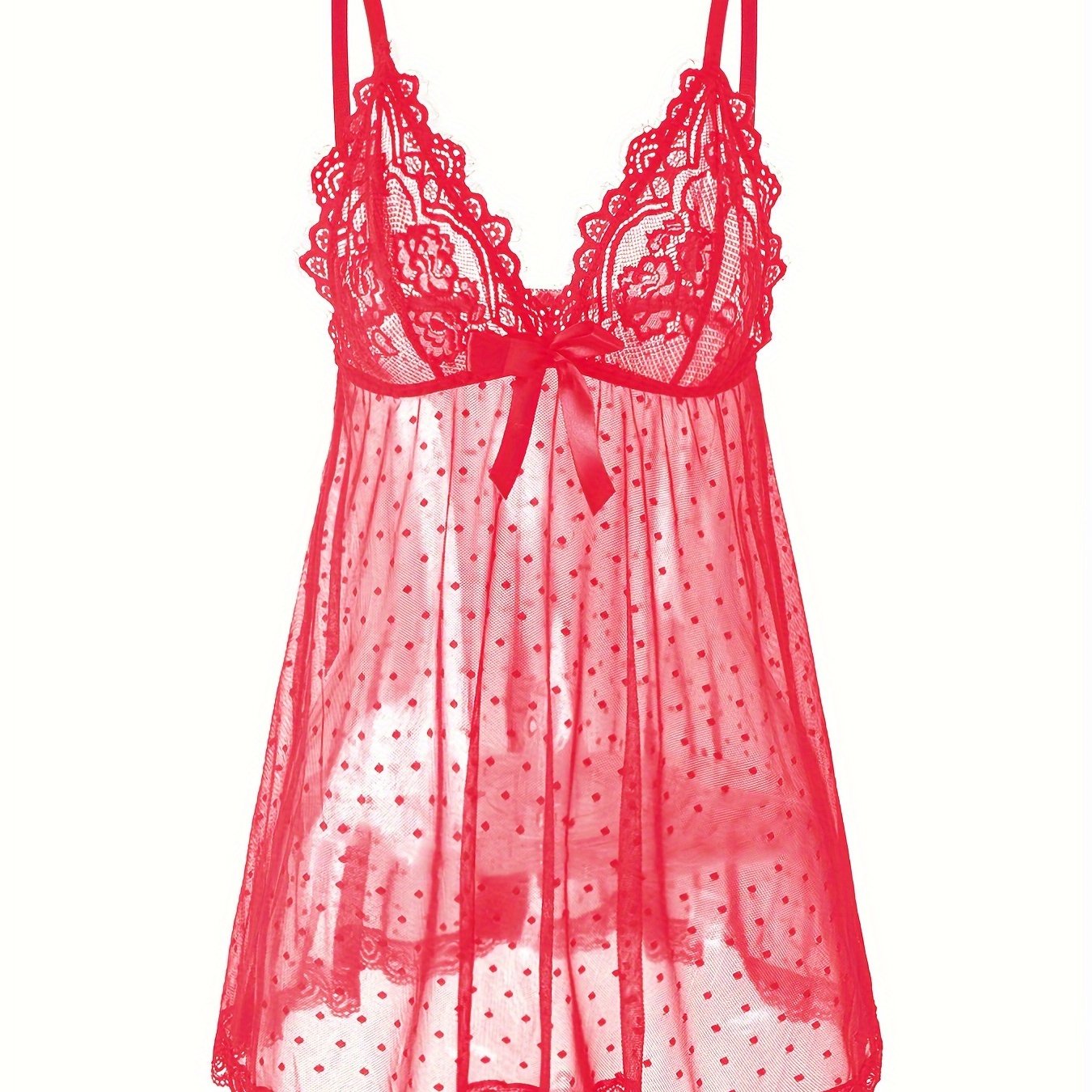 Женская ночная сорочка из кружева с сетчатой подкладкой в горошек и кружевными деталями, милое ночное платье-бэбидол с бантом, изготовлено из трикотажной ткани 95% полиэстера и 5% эластана, без чашечек, легкая взрослая ночная одежда - 40 г/м².