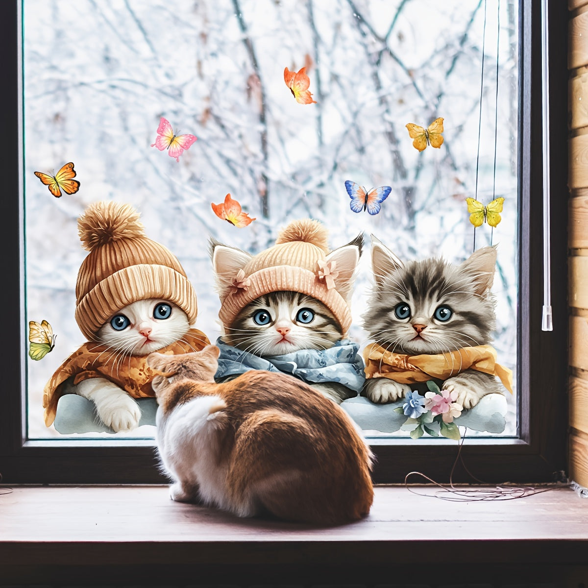 Cute Winter Cat and Butterfly Window Clings Reusable Double-Sided Glass Decor