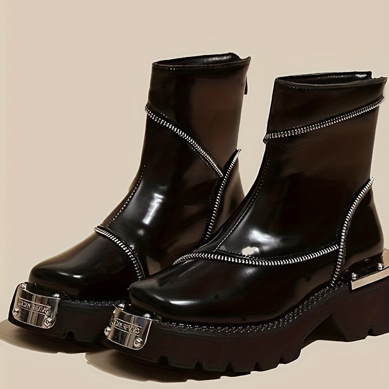 Ботильоны с квадратным носком для женщин с застежкой на молнии, платформенным каблуком, резиновой подошвой и текстильной стелькой. Изготовлены из верхнего материала, который можно стирать вручную/чистить химически, в однотонном черном цвете.