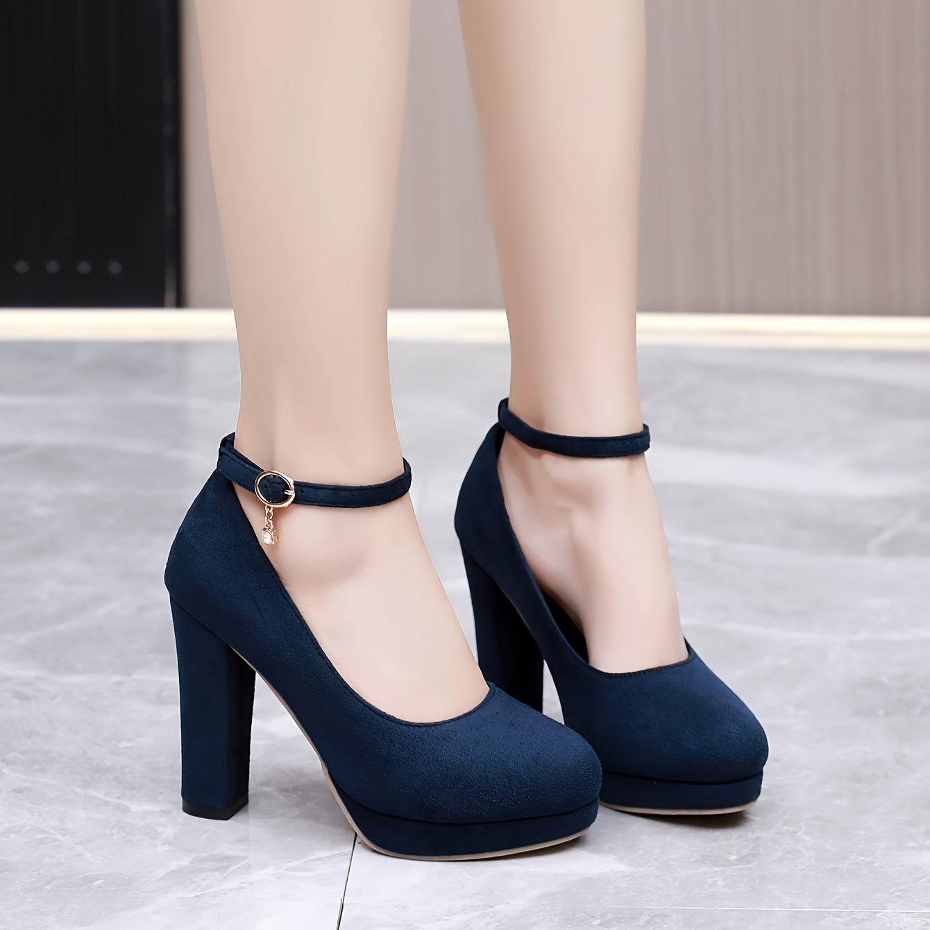 Women's Solid Color Elegant Pumps Shallow Mouth Ankle Strappy Buckle Chunky Heels