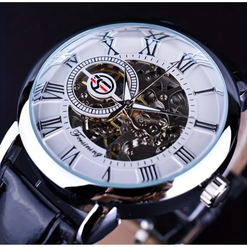 Men's Mechanical Watch with Hollow Design and Leather Strap for Young Men