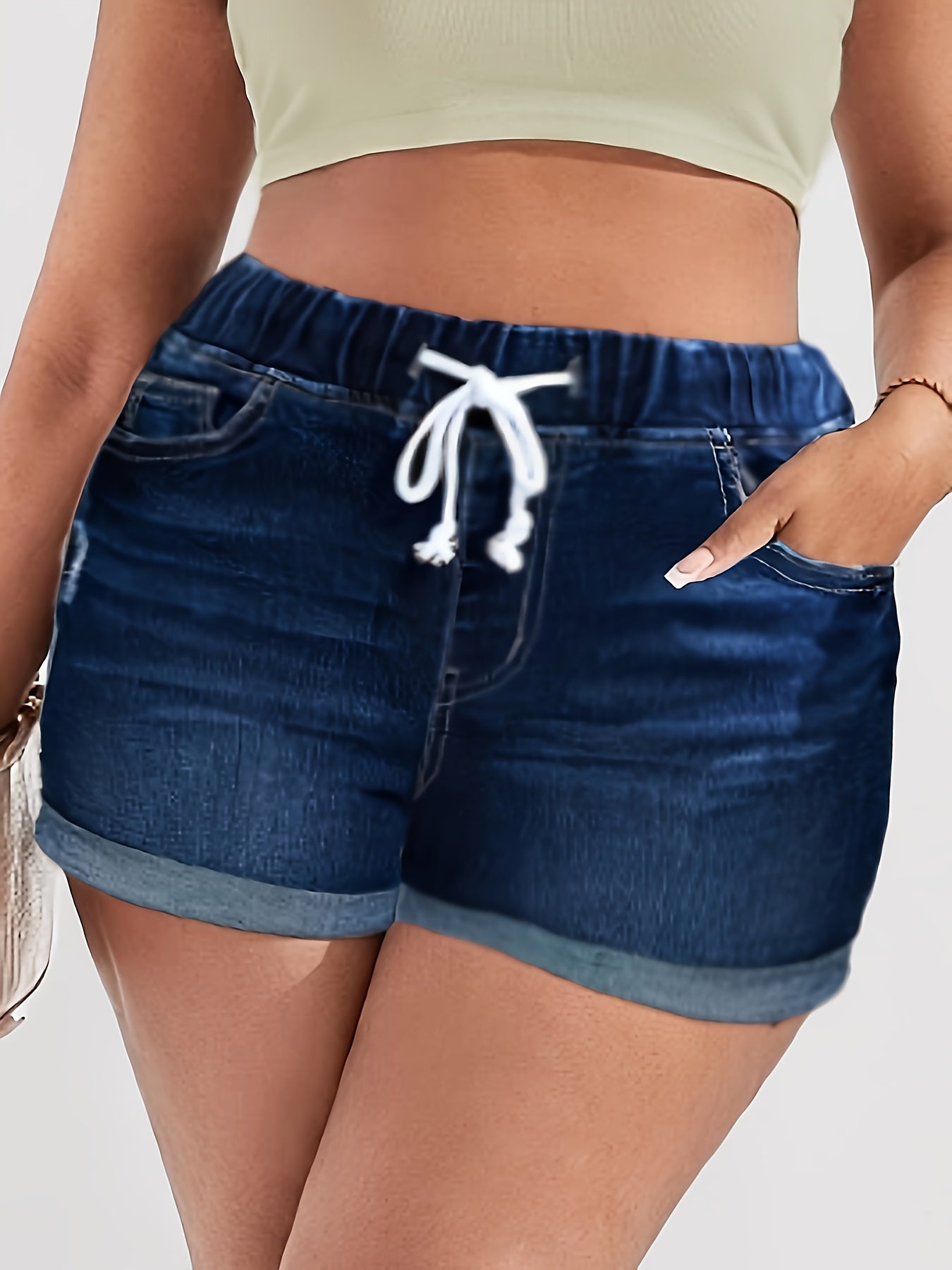 Plus Size Women's Blue Elastic Waist Drawstring Stretch Shorts