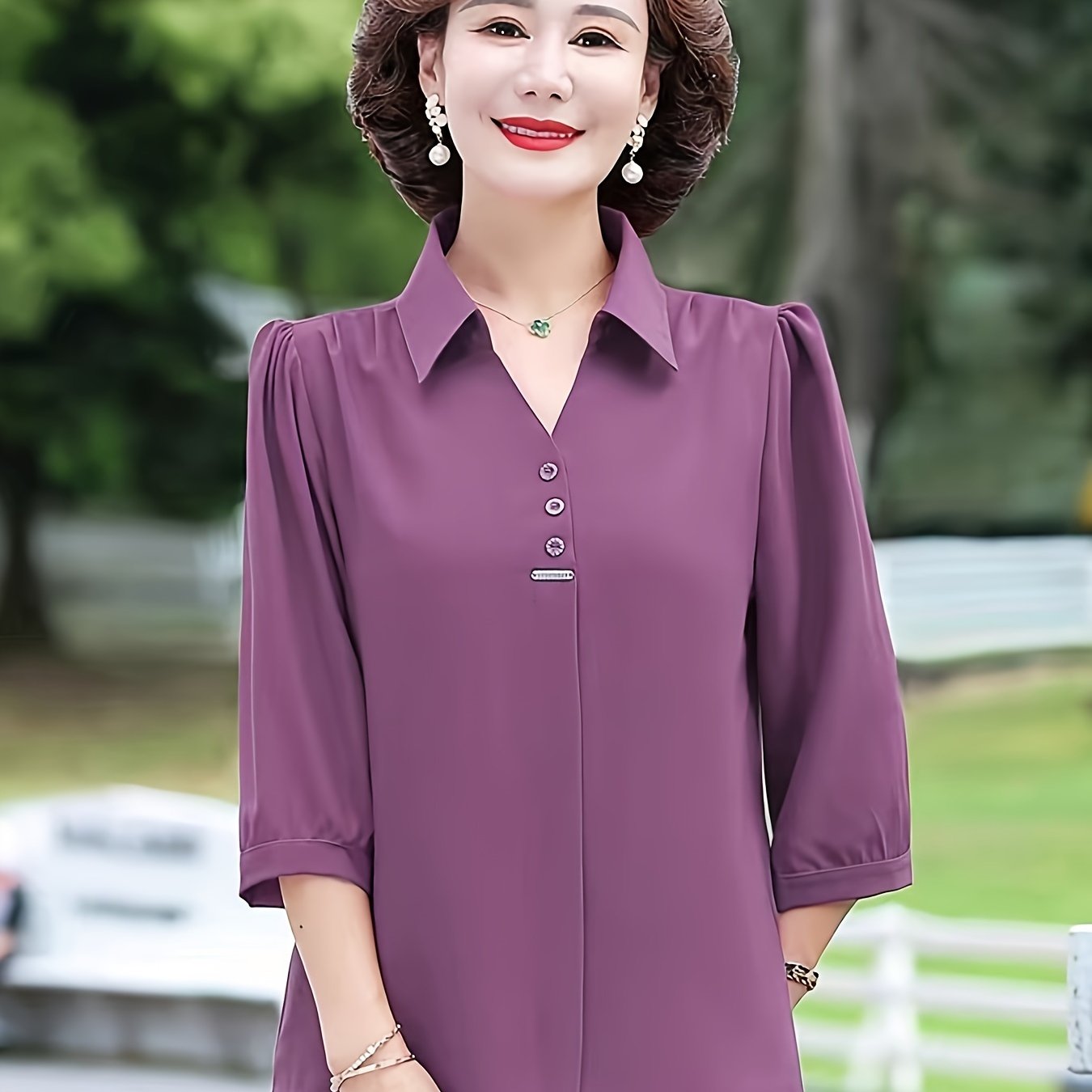 Women's Purple Chiffon Blouse with 3/4 Sleeves, Slim Fit, Decorative Buttons