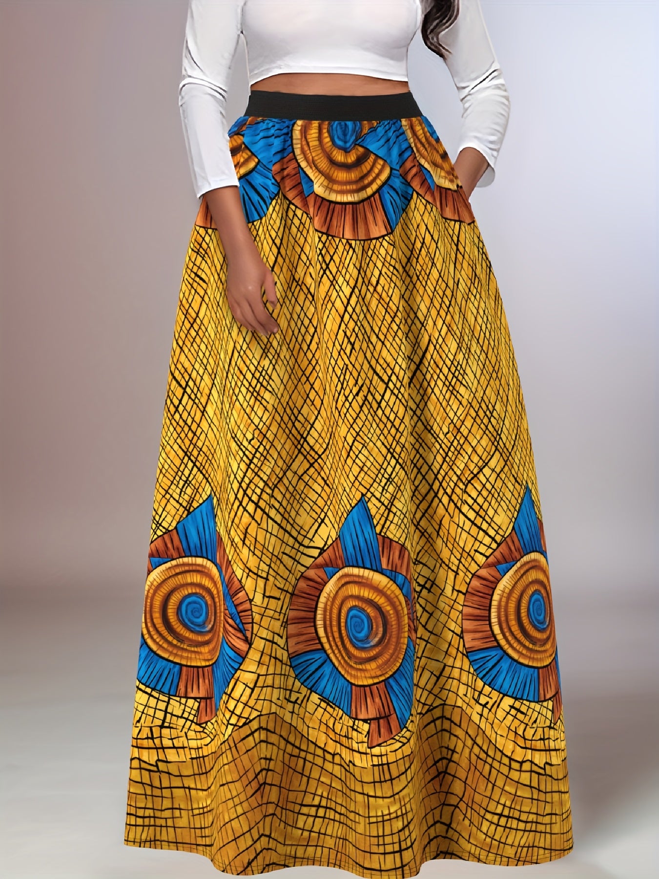 Women's Maxi Skirt High-Waisted Flowing Polyester African Pattern