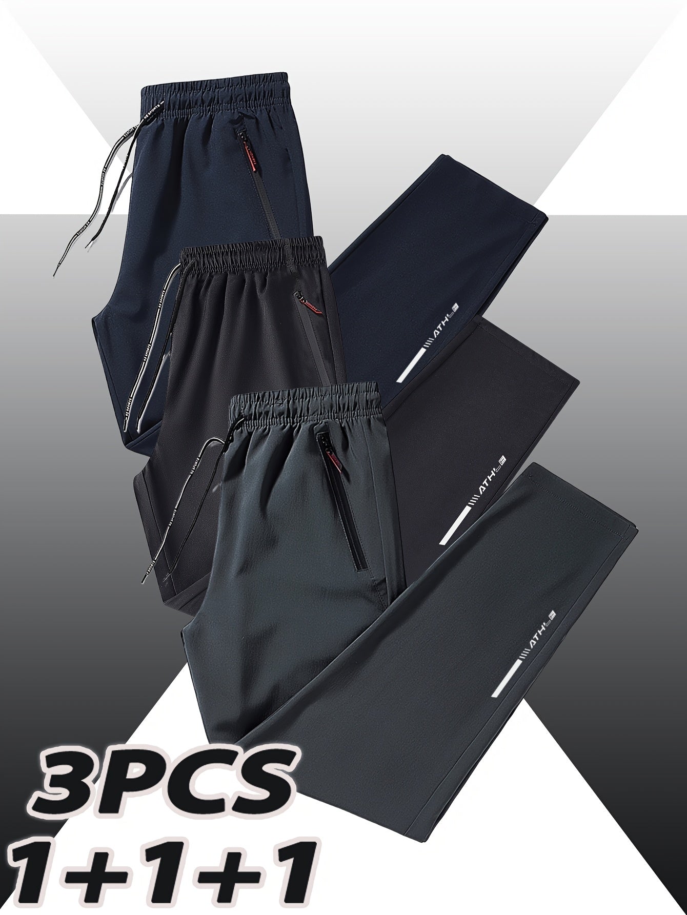 Men's Athletic Pants 3-Pack Quick-Dry Polyester Zipper Regular Fit for Training and Fitness in Black Navy