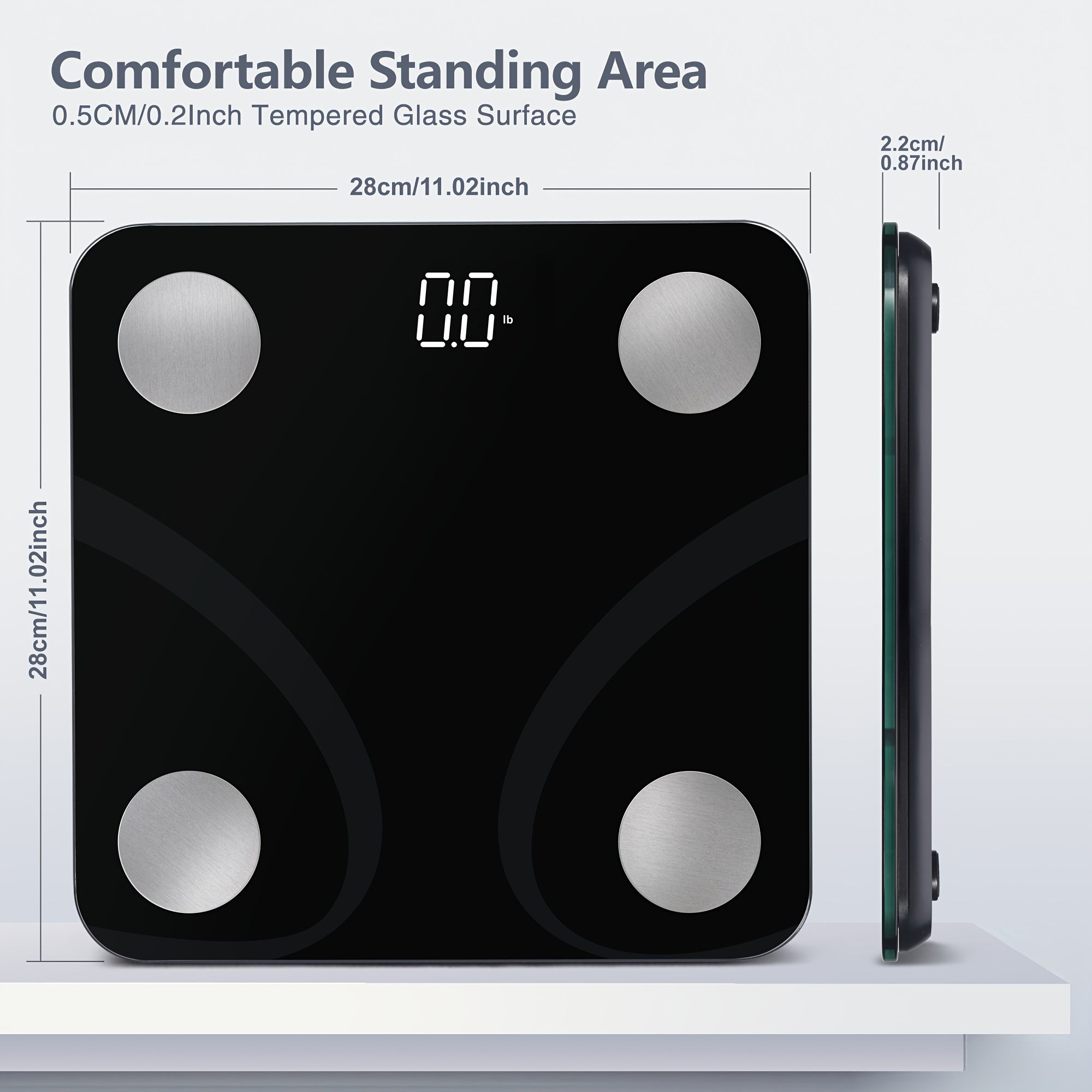 Qora rangda 181.44 KG sig‘imi, BMI kuzatuvi va ilova bilan sinxronlash imkoniyatiga ega aqlli skala (batareyalar kiritilmagan).