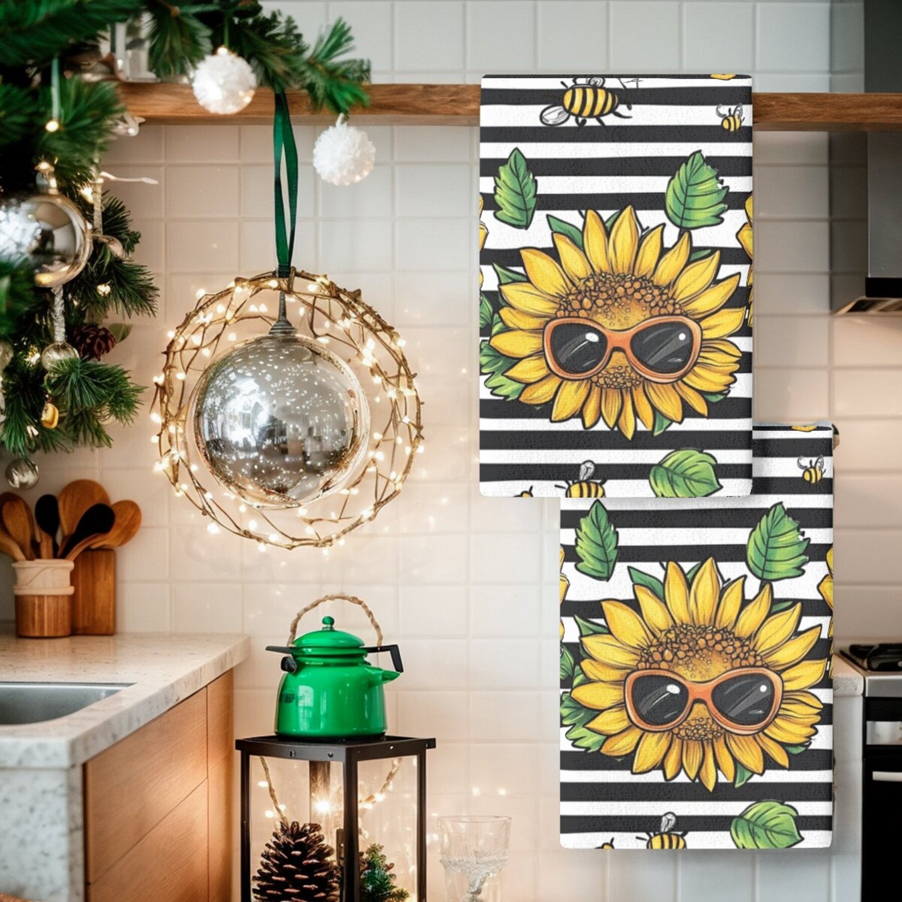Sunflower Pattern Dish Cloths Set, Woven Polyester Kitchen Towels, Hand Wash