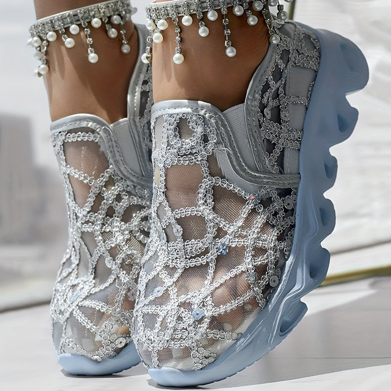 Sparkly Casual Mesh Sneakers with Sequins and Low Top Fabric Upper