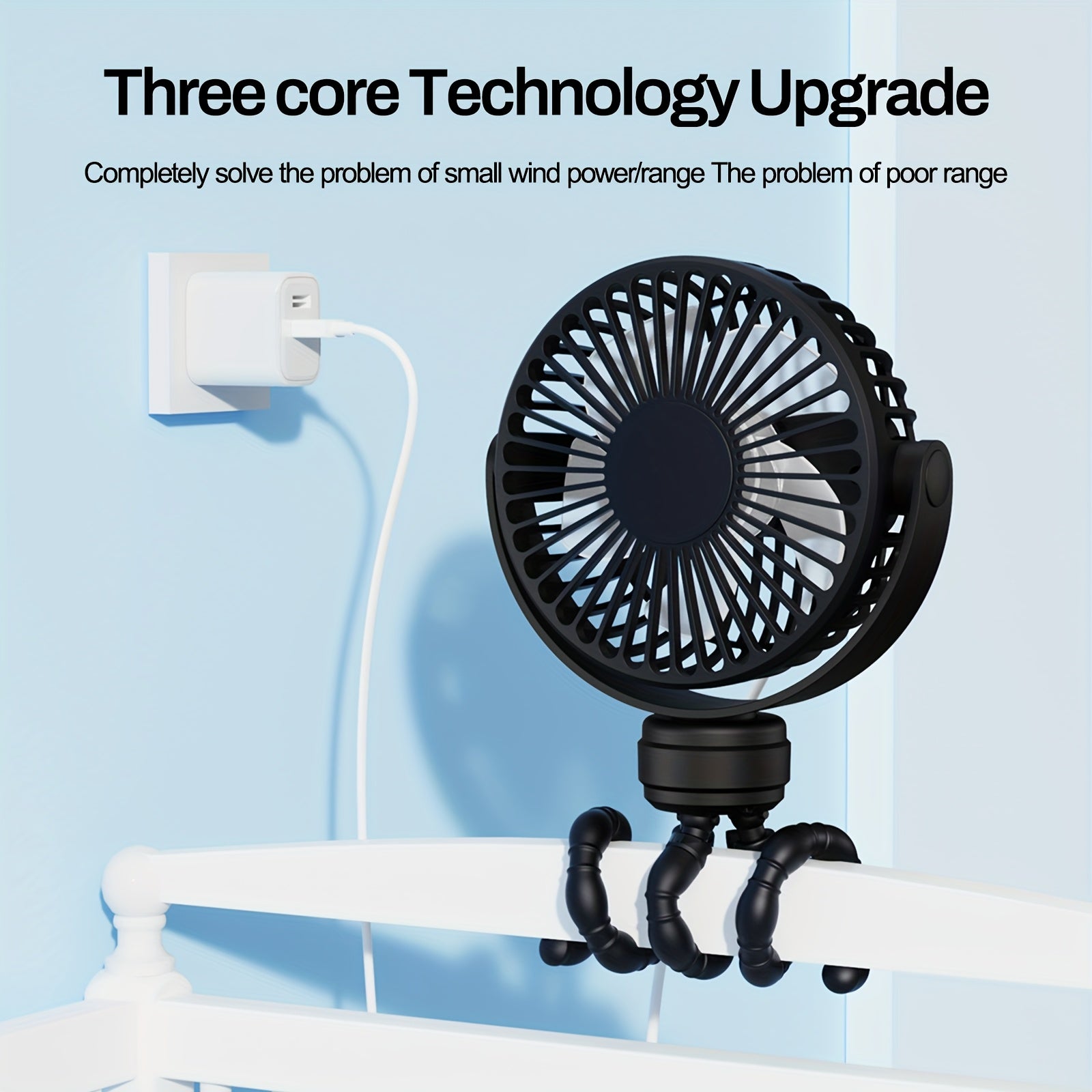 Portable Handheld Fan with Flexible Tripod Rechargeable 2000mAh Battery for Strollers Office Bedside Car Outdoor