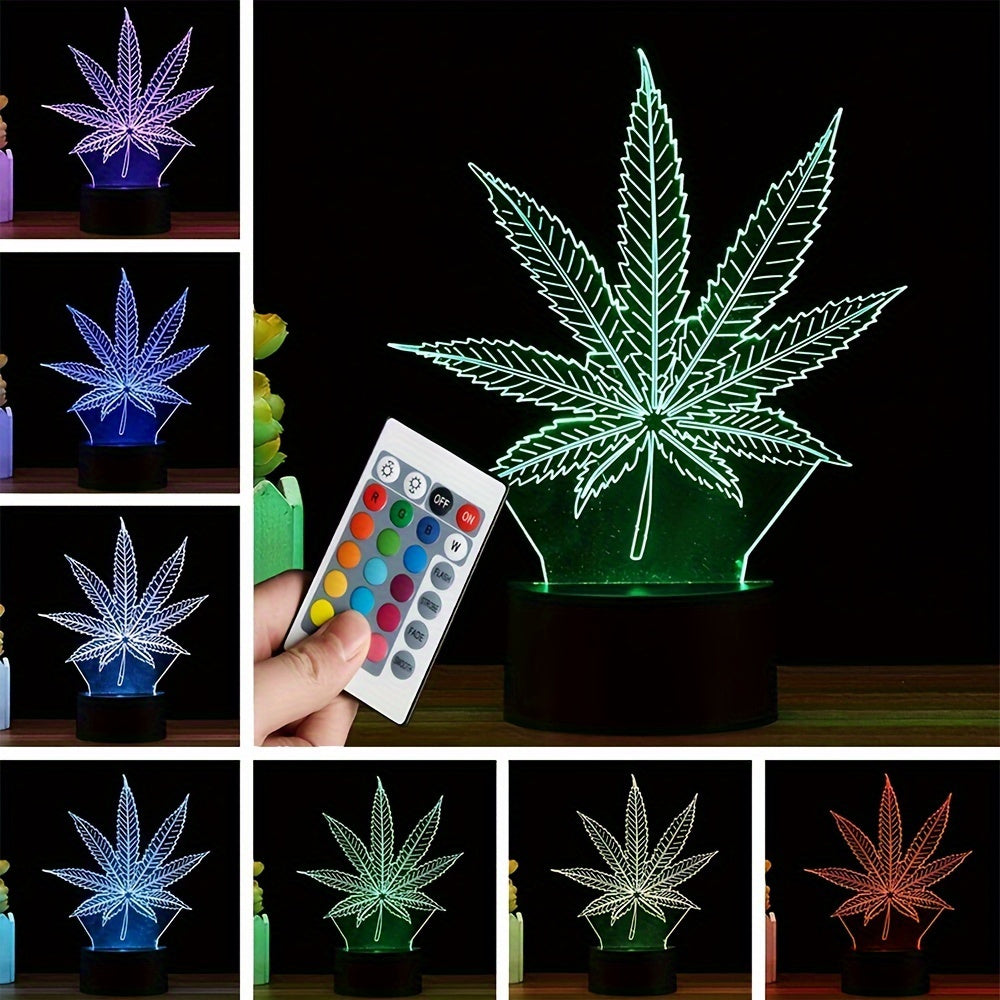 3D Cannabis Leaf LED Night Light Acrylic Optical Illusion Desk Lamp Remote Touch Control 16 Color Change for Home Decor