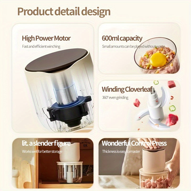 Wireless meat grinder USB charging 600ml multi-function electric food processor for juicing ice crushing meat grinding