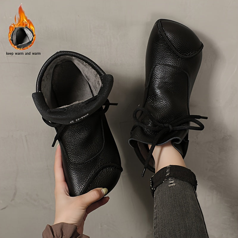 Botines de tobillo para mujer negro, marrón y burdeos de cuero de vaca, forro de felpa acogedora, casuales, planos, con slip-on