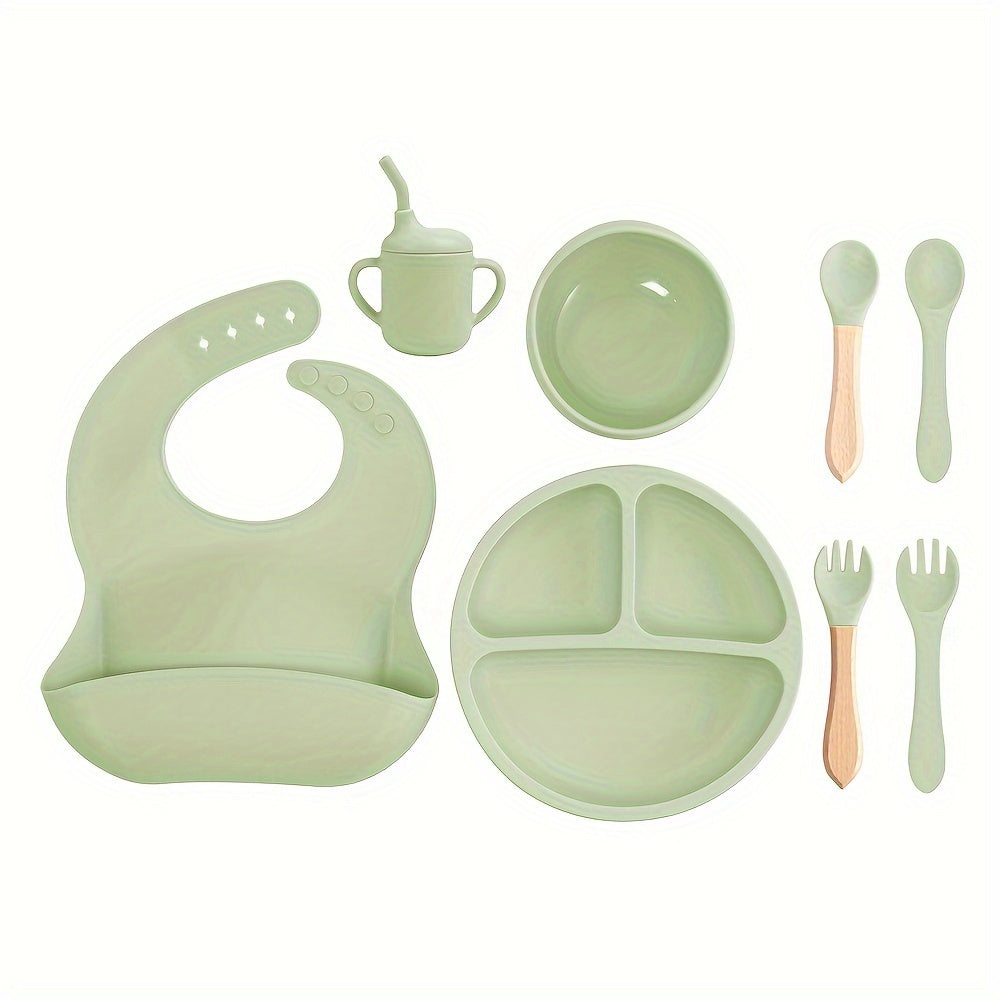 8-Piece Silicone Toddler Feeding Set Non-Toxic BPA-Free Suction Plates Bibs Straw Cups Utensils
