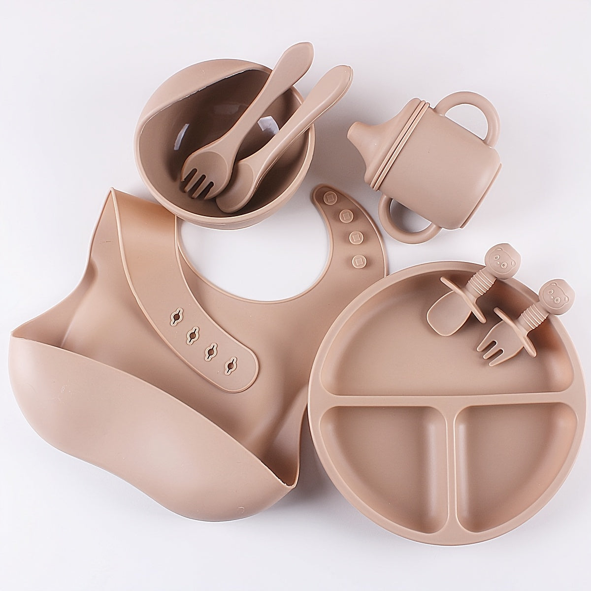 8pcs Silicone Baby Feeding Set Divided Plate Bowl Spoon Fork Bib Learning Cup for Toddlers