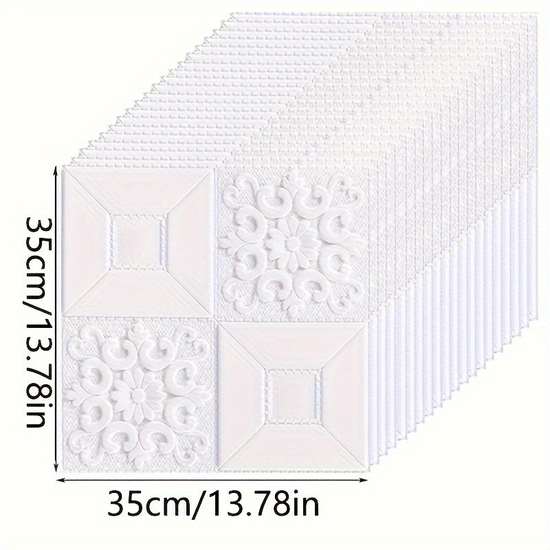 10/40 dona oq 3D gul o'z-o'zini yopishtiradigan PVC devor panellari, suv o'tkazmaydigan, yuviladigan, ta'sirga chidamli, uy bezak uchun