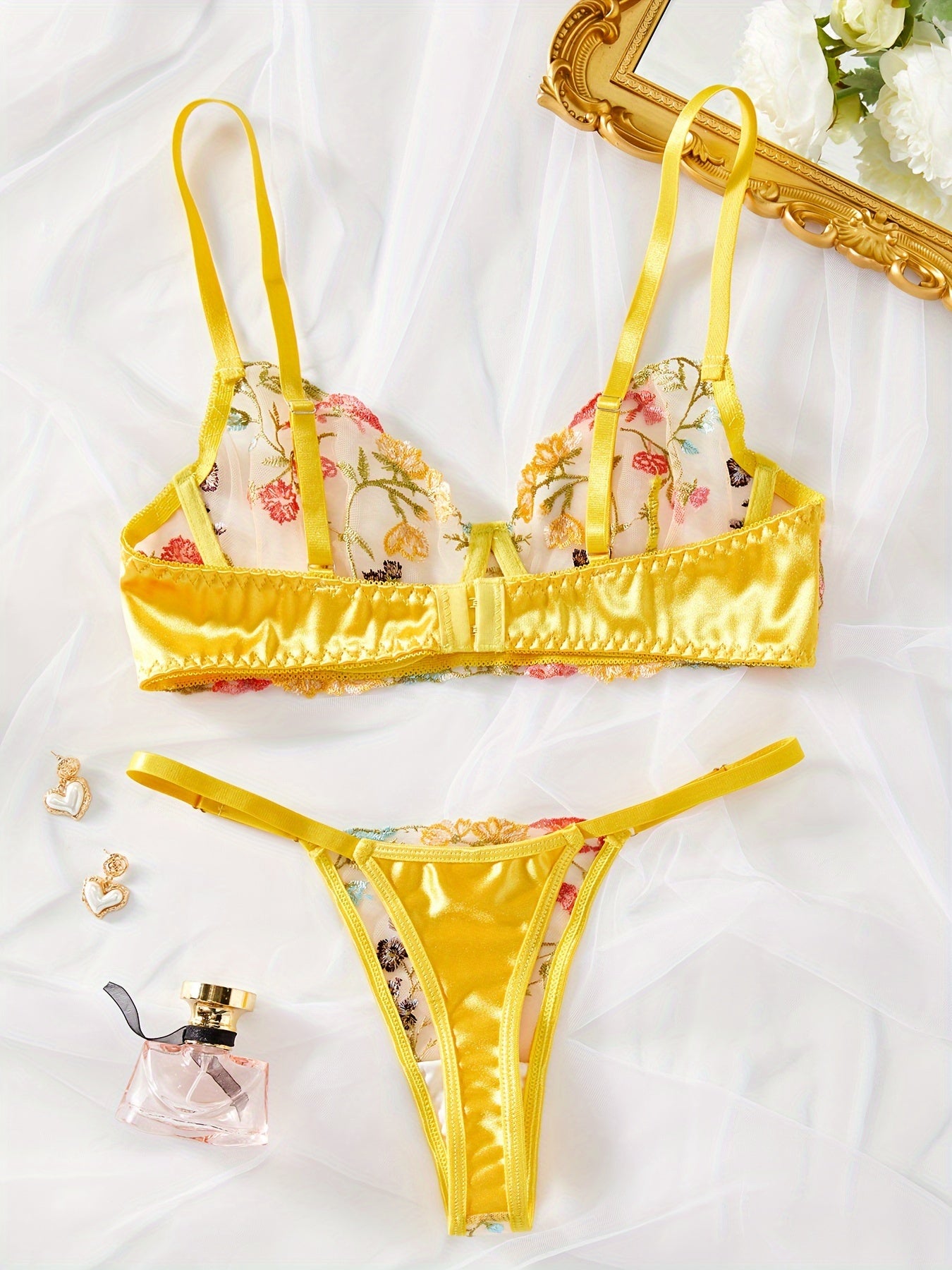 Yellow Semi-Sheer Mesh Lingerie Set with Floral Embroidery Bra and Thong