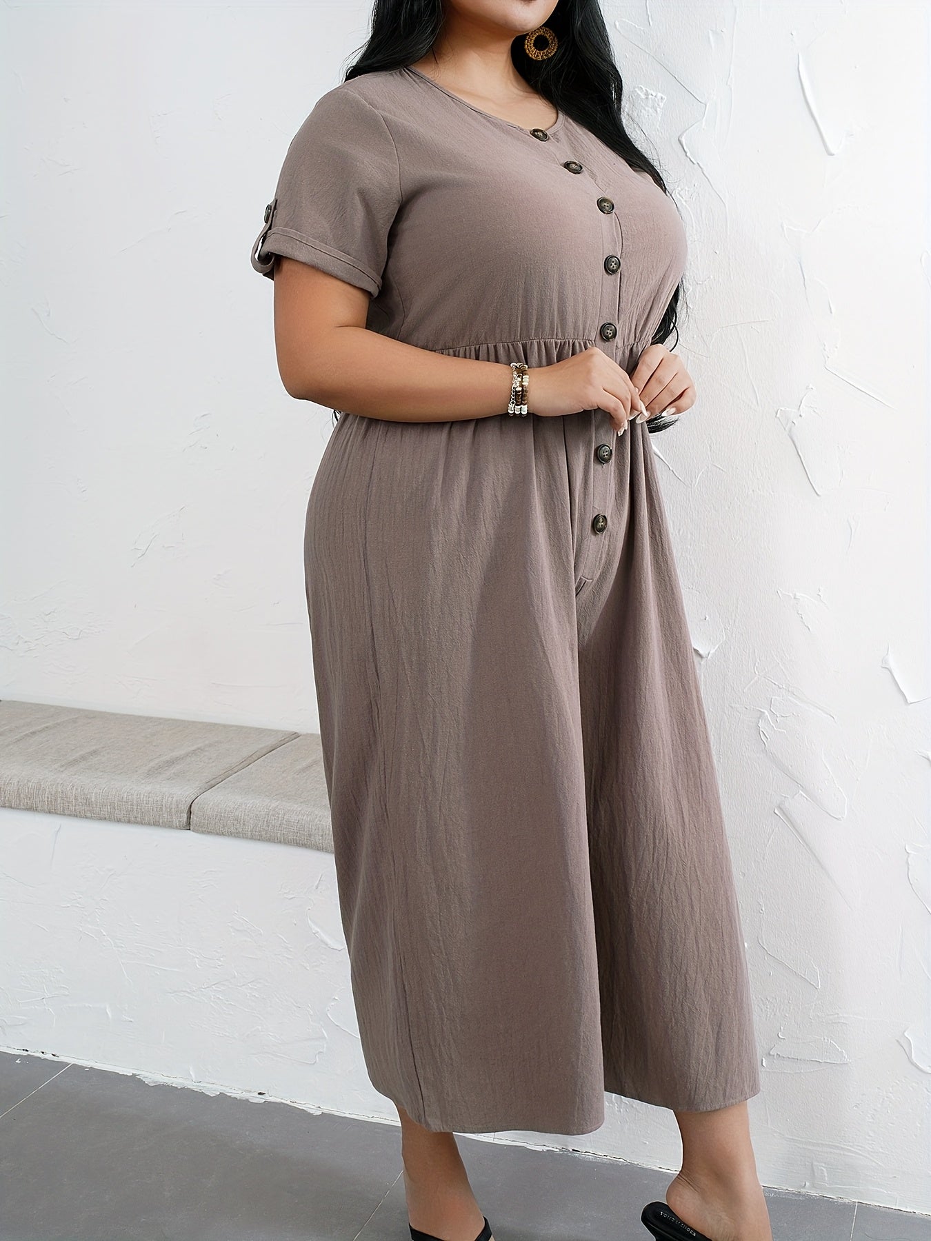 Plus Size Women’s Polyester Jumpsuit with Button Details Solid Color