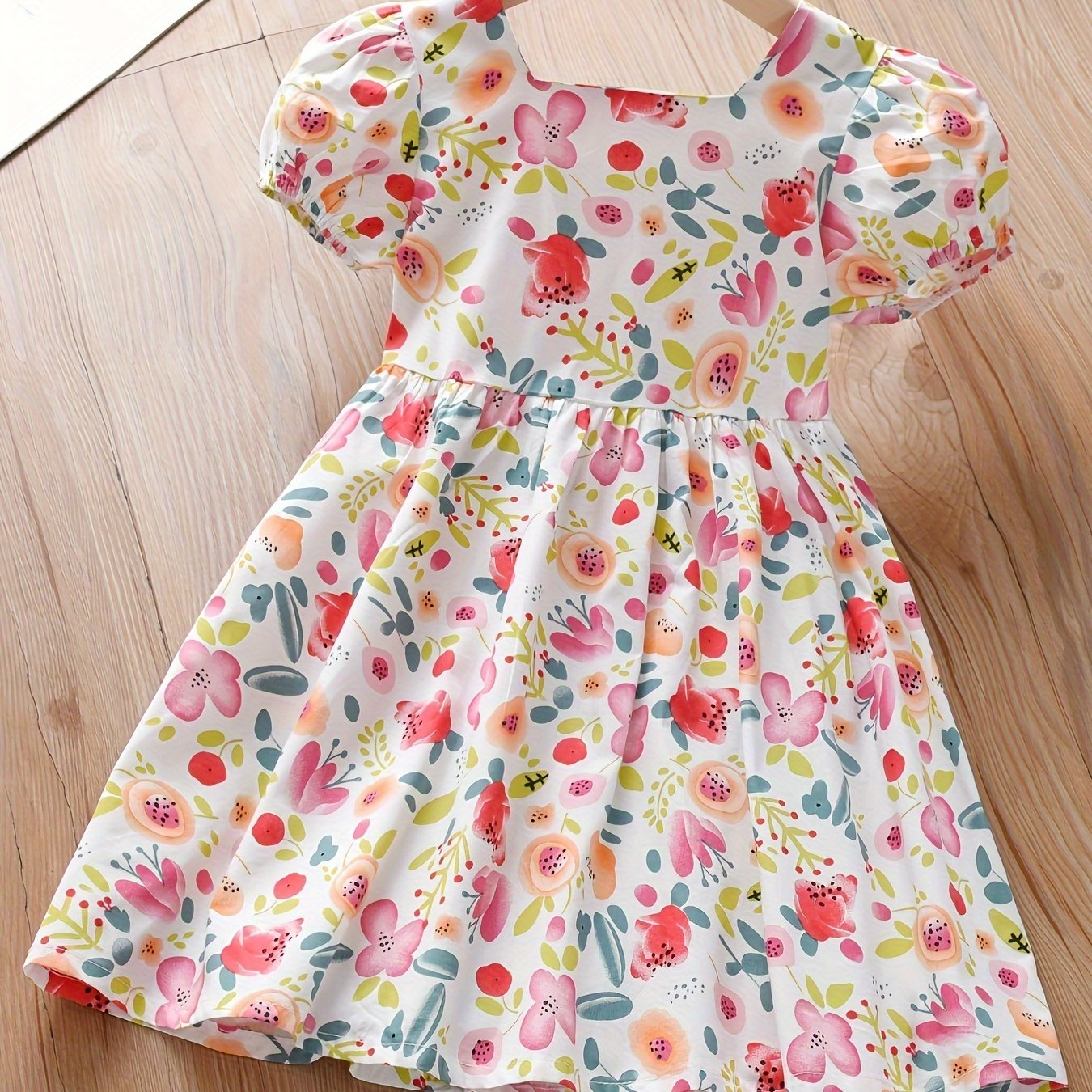 Girls Summer Dress with Floral Print and Puff Sleeves Knee High Casual Clothing
