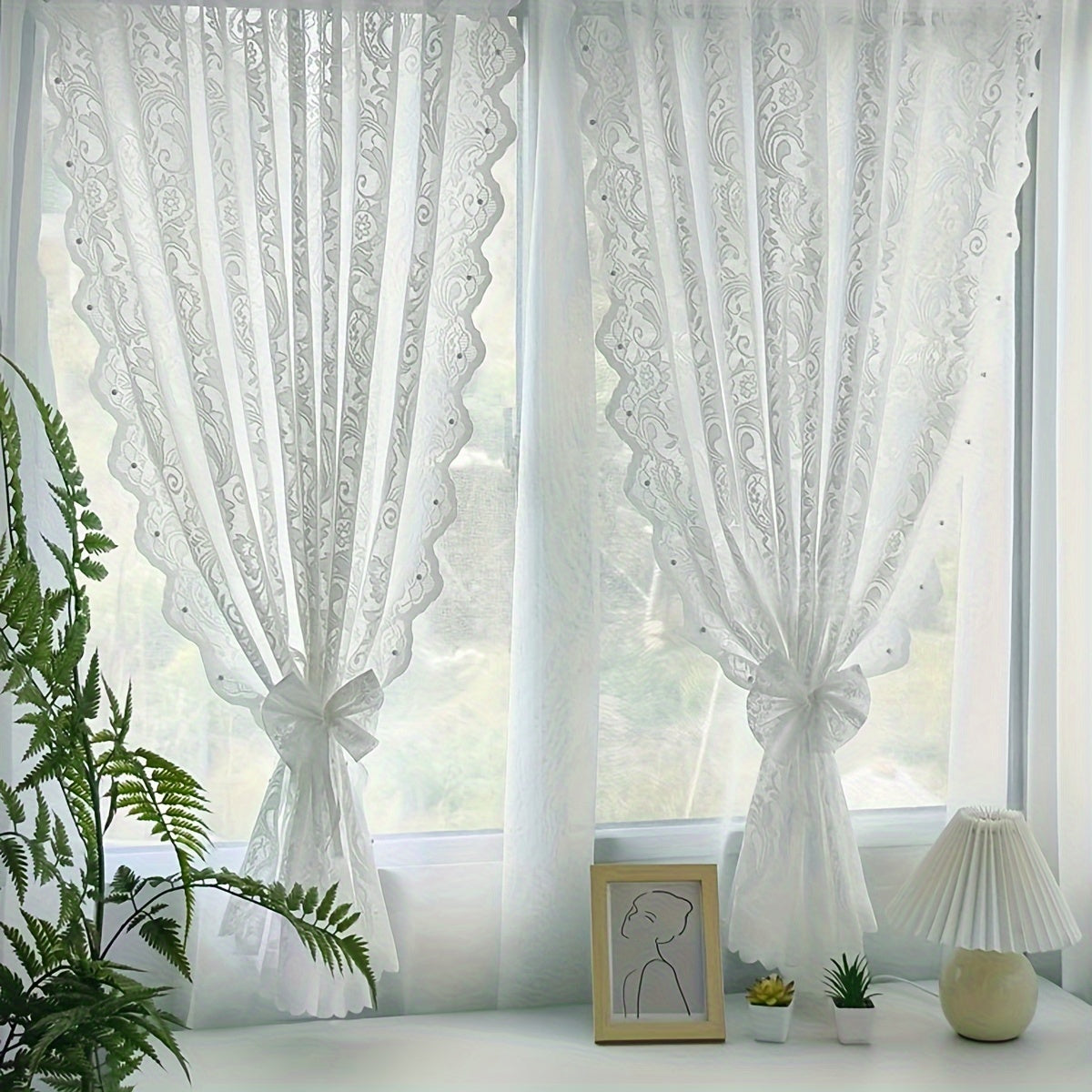 Cortina de tubo con flores pequeñas, con cuentas y encaje para cocina, dormitorio, sala de estar