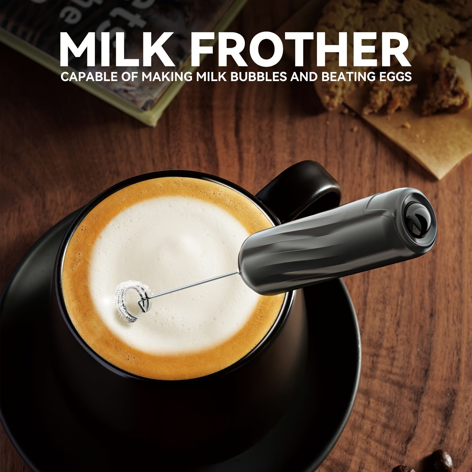 Portable Electric Milk Frother Black Battery-Powered Coffee Latte Cappuccino Mixer