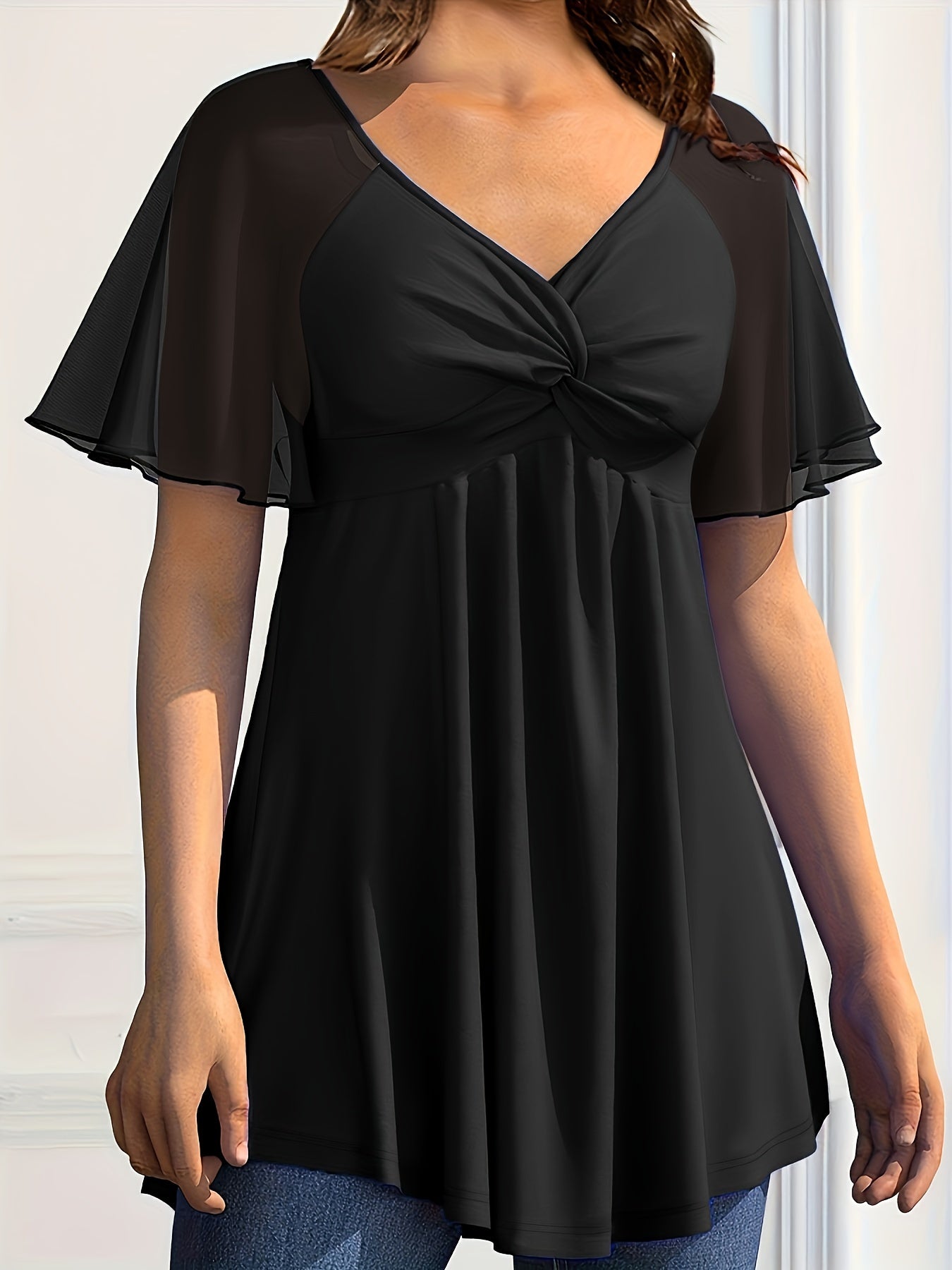 Women's Elegant V-Neck Chiffon Top Lightweight Knotted Blouse