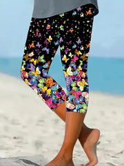 Women's Plus Size Butterfly Print Capri Leggings Stretchy High Waist Casual Beach Wear