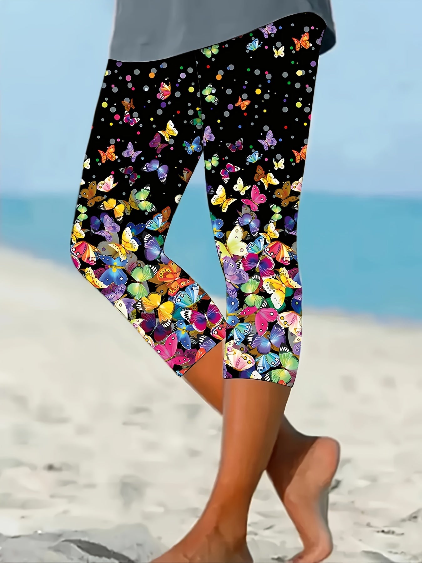 Women's Plus Size Butterfly Print Capri Leggings Stretchy High Waist Casual Beach Wear