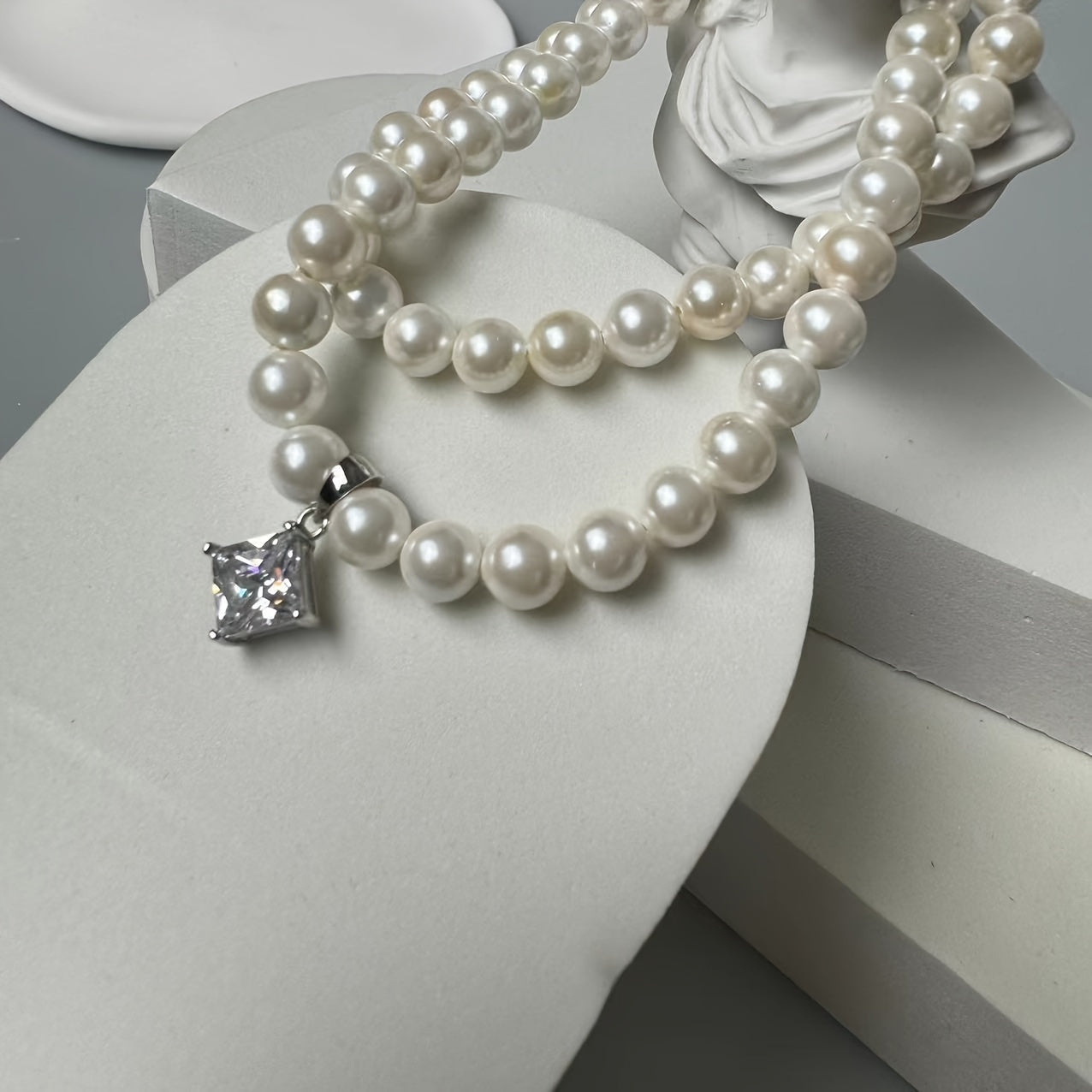 Princess Cut Pendant Necklace with Natural Pearl Beads and Moissanite in Sterling Silver and Gold Plating