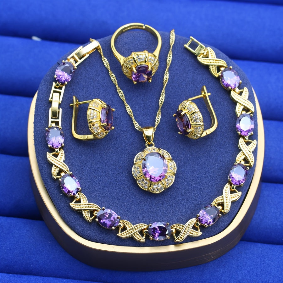Purple Zirconia Jewelry Set for Women with Necklace Earrings Bracelet and Ring