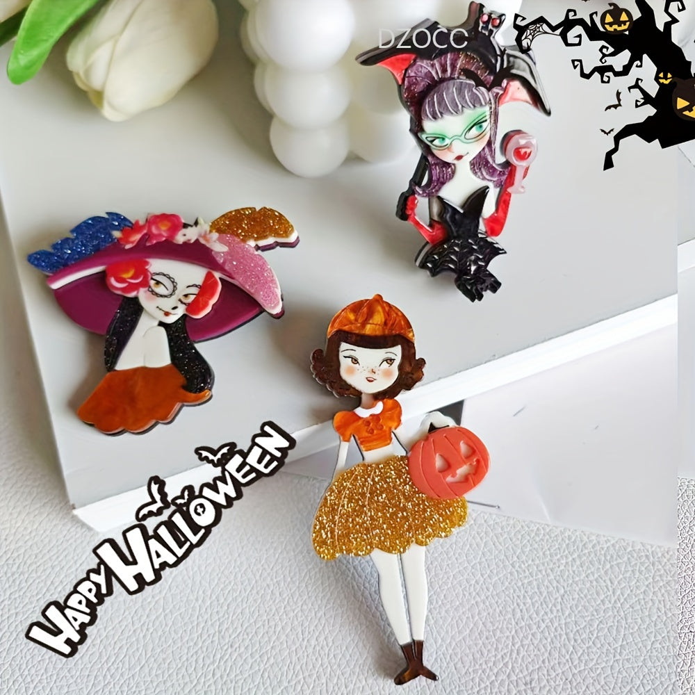 Retro Punk Acrylic Brooch Pins Halloween Icons Pumpkins Skeletons Bats Quirky Cartoon