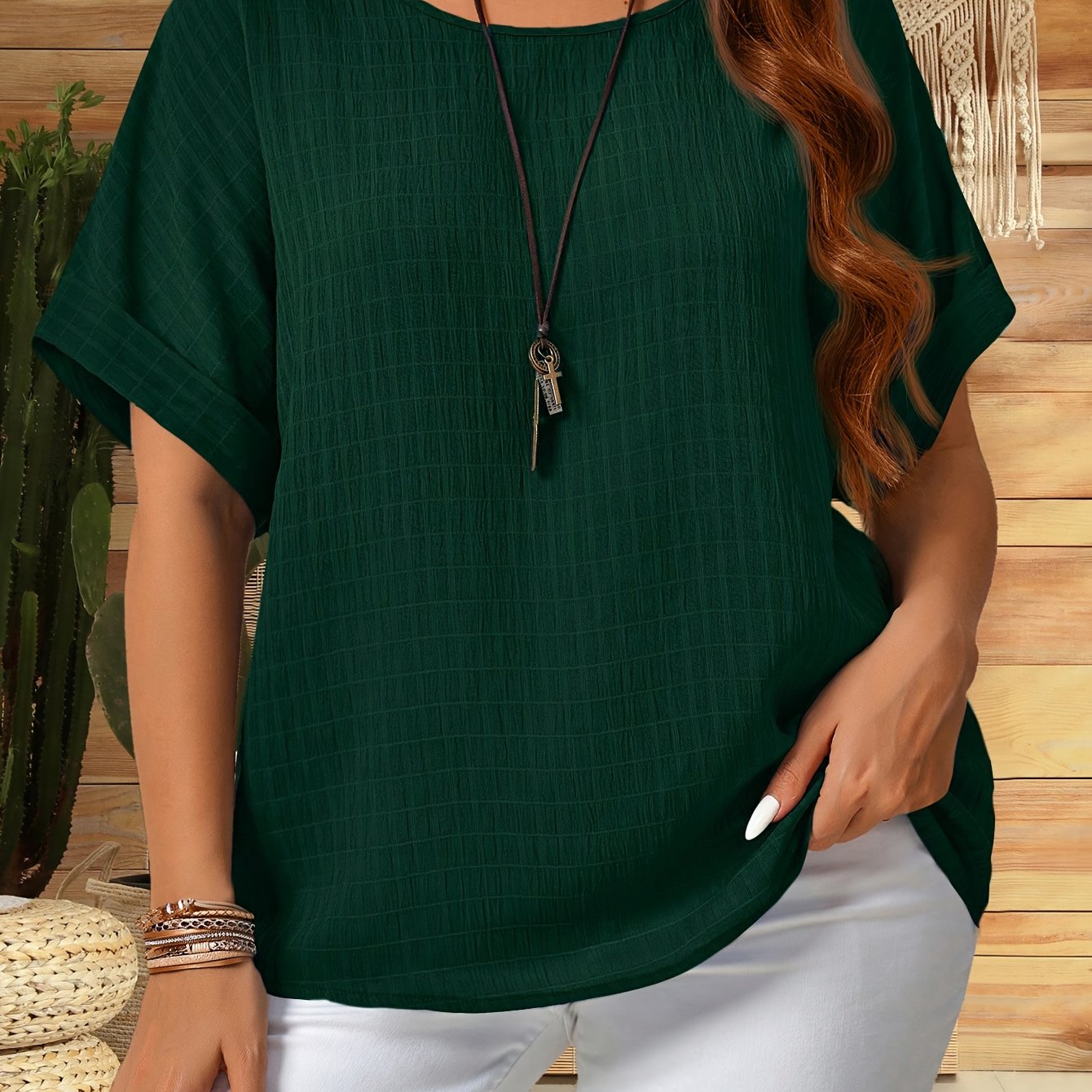 Women's Plus Size Green Round Neck Short Sleeve T-Shirt Casual Summer Solid