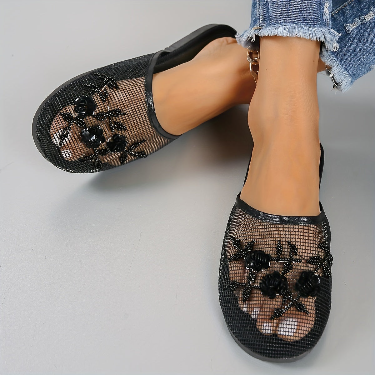 Women's Black Mesh Slide Sandals with Spider Web Pattern Lightweights