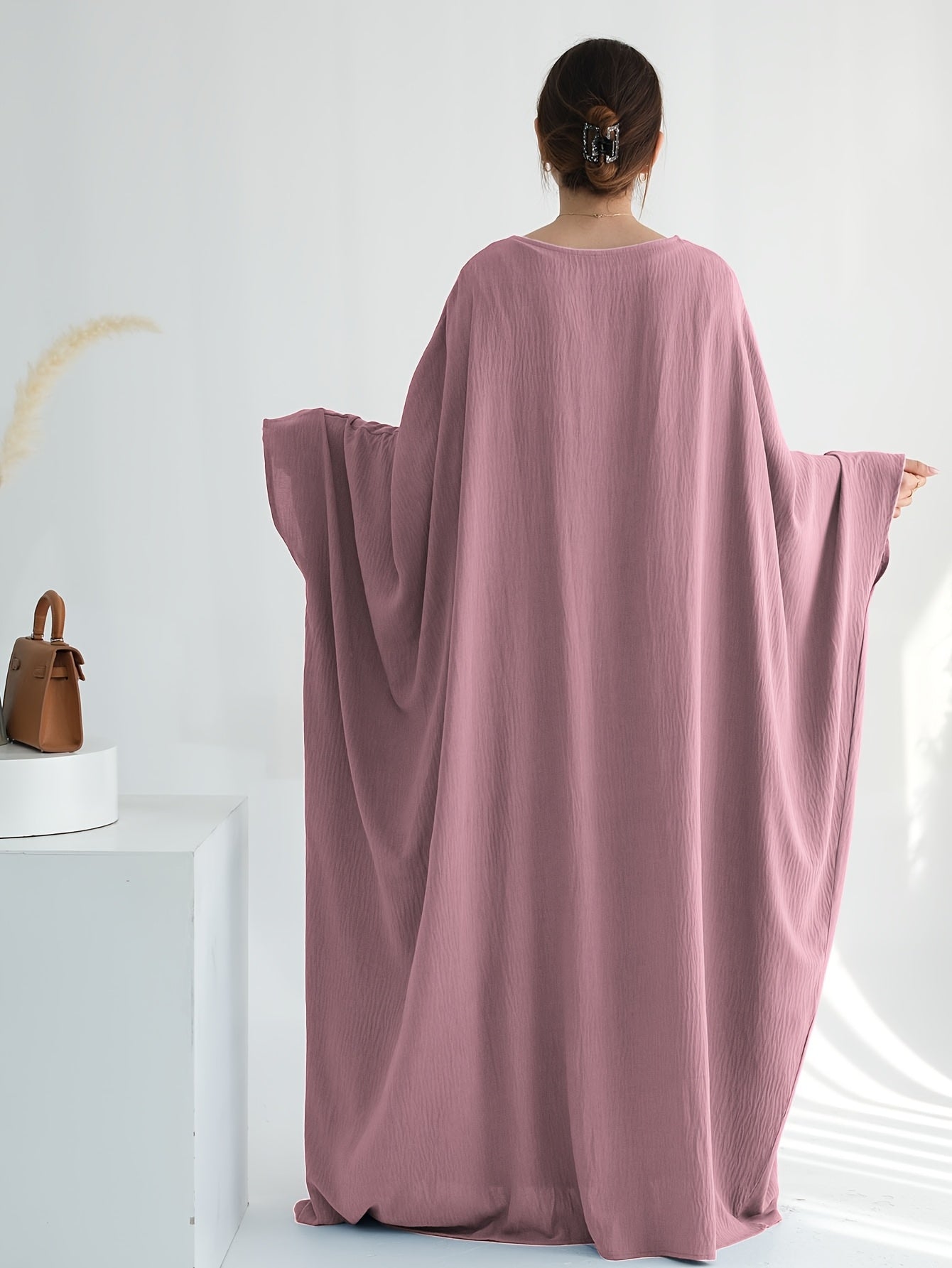 Plus Size Women Abaya Olive Green Polyester Batwing Ruffled Sleeve Dress