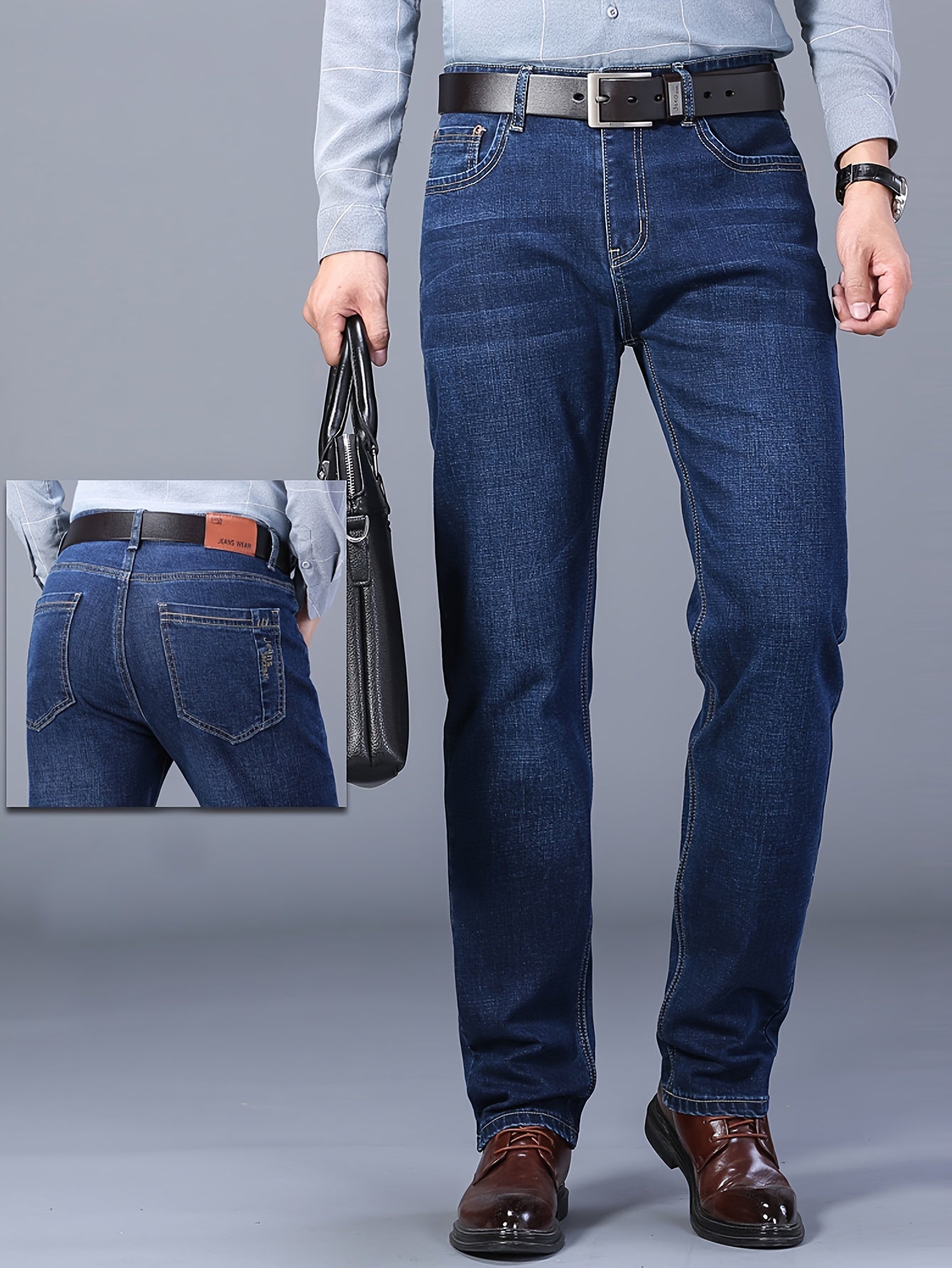 Men's Casual Straight Jeans Classic Blue Denim Regular Fit