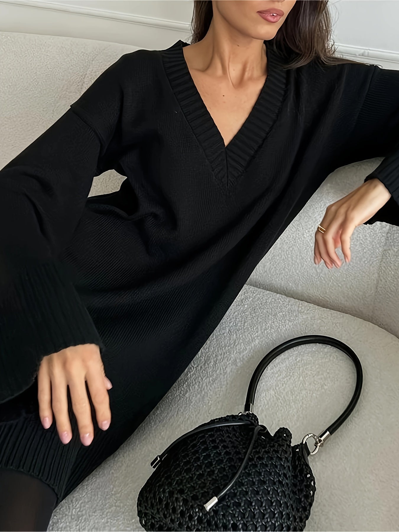 Women's V-Neck Long Sleeve Knitted Sweater Dress In Neutral Color
