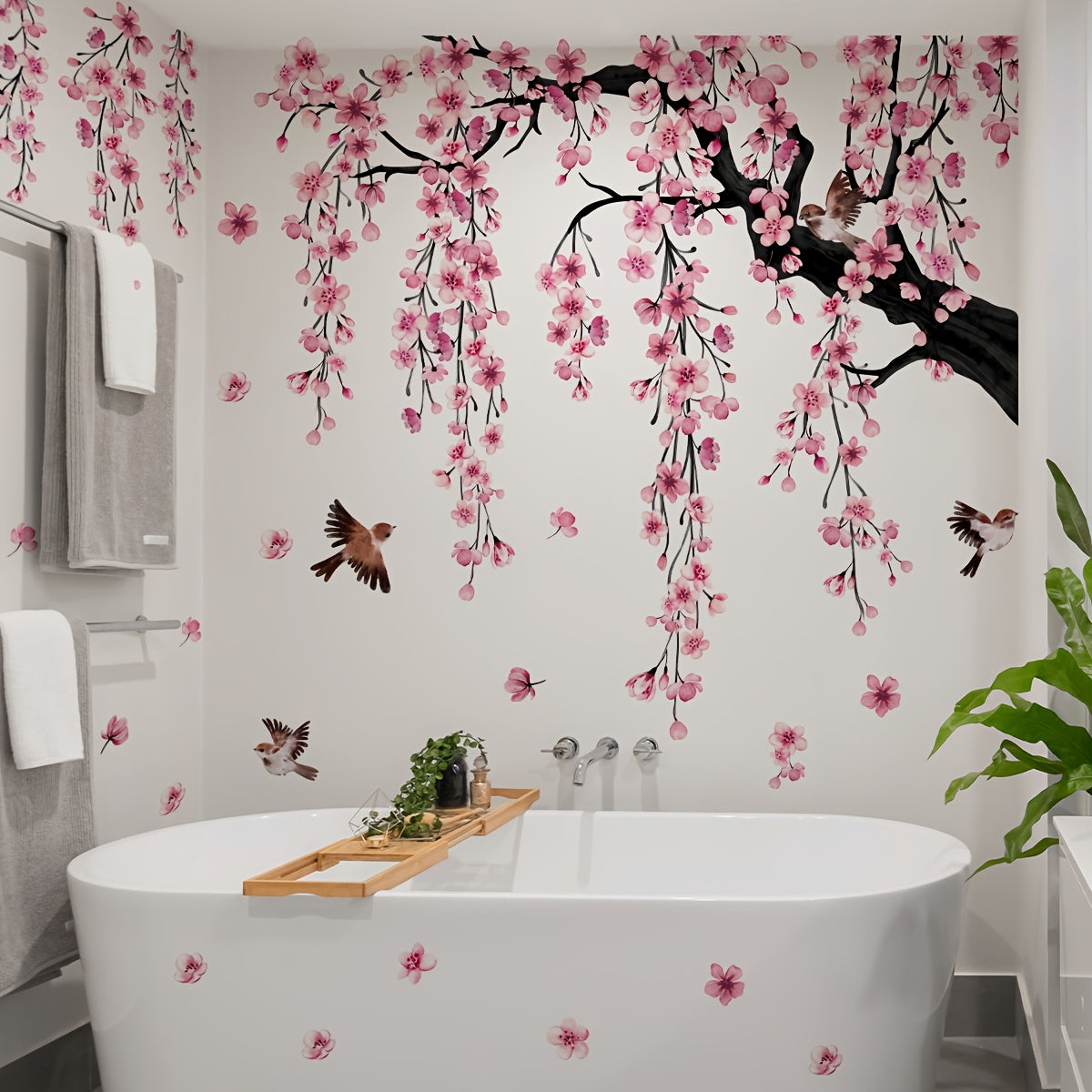Set of 4 Pink Peach Blossom Tree Wall Decals for Living Room Bedroom Bathroom Decor