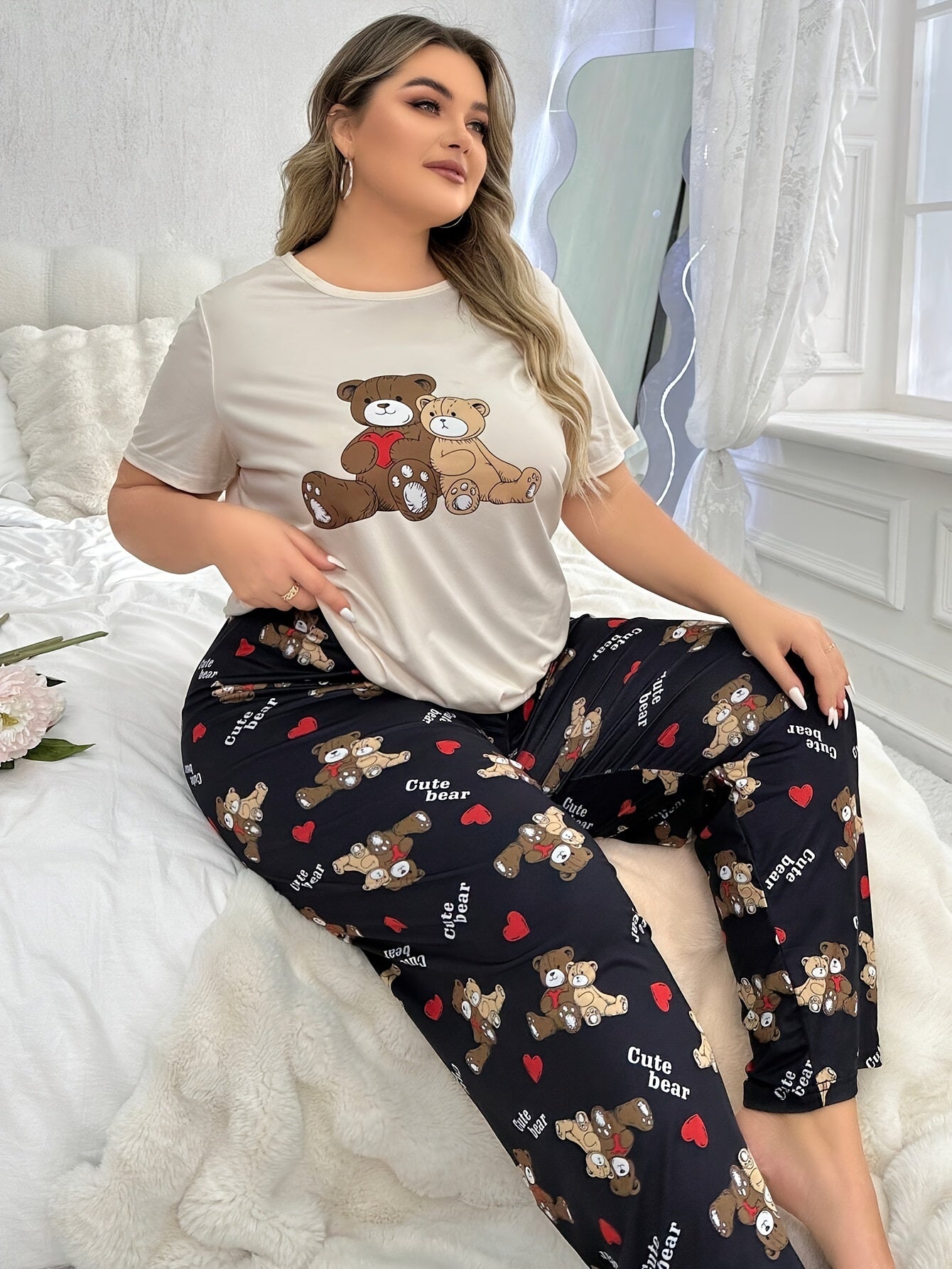Adult Pajama Set with Double Teddy Bears, Polyester Knit, Casual Style