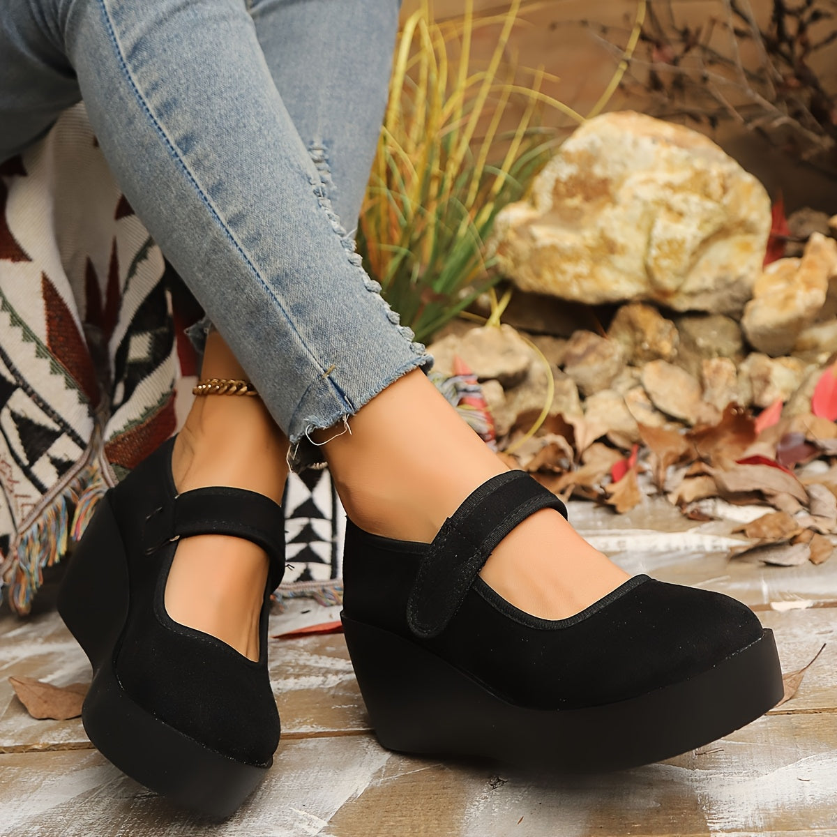 Women Black Flannel Platform Heeled Shoes with Magic Tape for Outdoor Travel