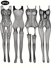 Women's Bodystocking Set 4-Piece Seamless Erotic Lingerie Without Underpants