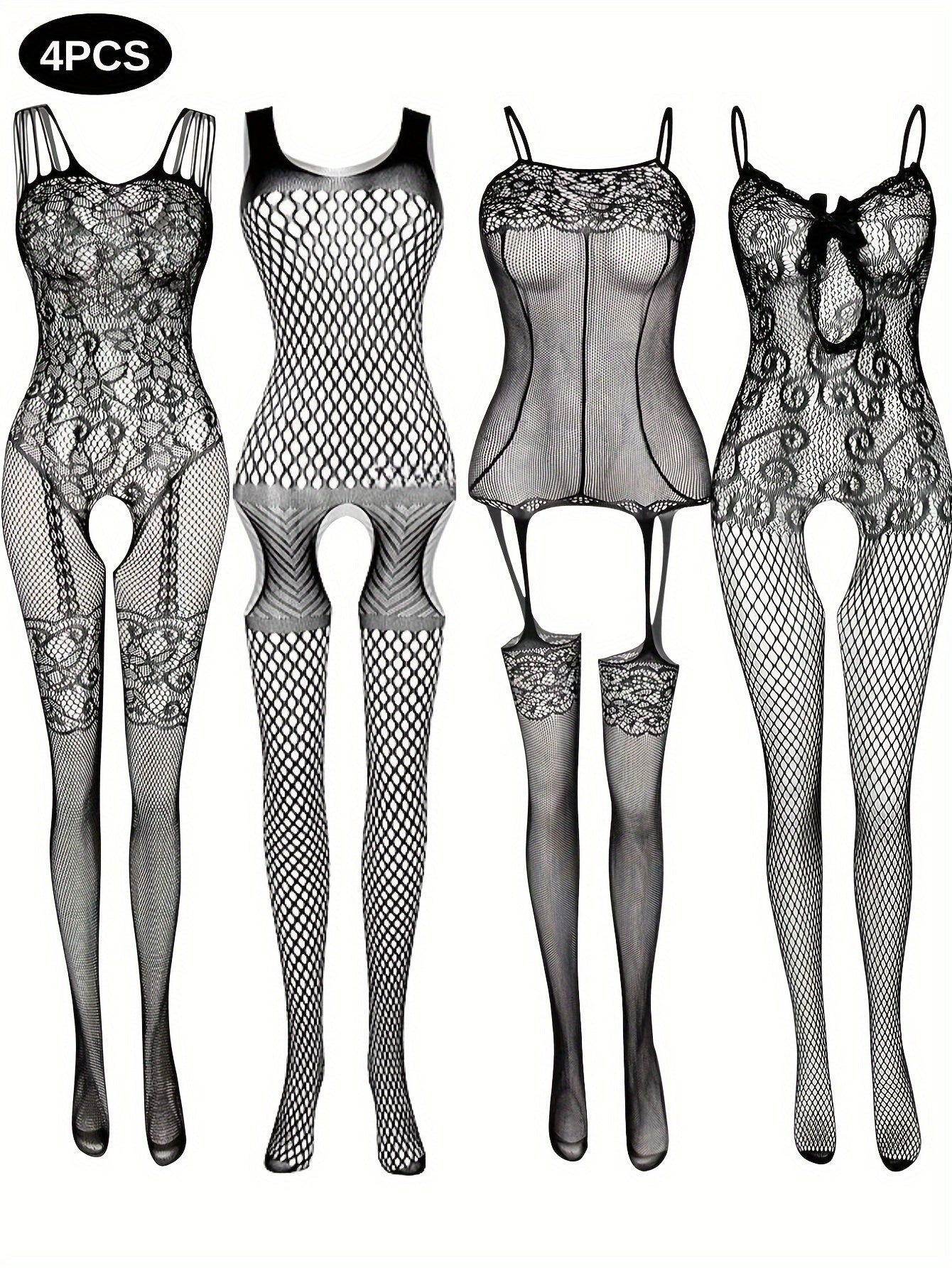 Women's Plus Size Sheer Fishnet Bodystocking with Open Crotch and Jacquard Details