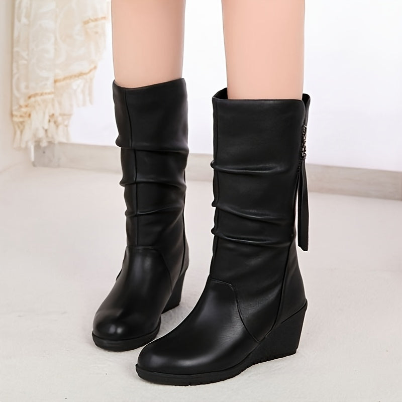 Women's Faux Leather Slip-On Chunky Ankle Boots with Mid-Heel, Round Toe